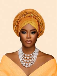 1件重工镶钻多层非洲尼日利亚婚礼头巾，适合婚礼、母亲节礼物、睡帽 - 彩色 - 查看 20