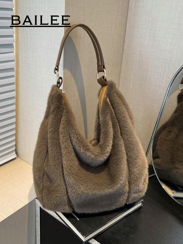 BAILEE Fashionable And Elegant New Autumn And Winter Soft Solid Color Plush Large Capacity Zippering Women's Shoulder Tote Bag White-Collar Workers Perfect For College&Work&Business&Commute&Outdoors&Travel&Outings&Office&Perfect For Work&Shopping&For Attending Dinner Parties&Fashion Events And Giving Gifts To Friends