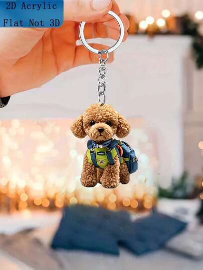 2D Flat, [2D Flat] Car Decoration, 1 Piece, 2D Flat Teddy Dog Pendant Carrying Blue Backpack To School, Suitable For Car Keychain, Indoor Decor, Backpack & Christmas Tree Ornament, Acrylic Pendant, 2D Flat Bag Charms Car Accessories Teacher Friend Sister Gift Ideas
