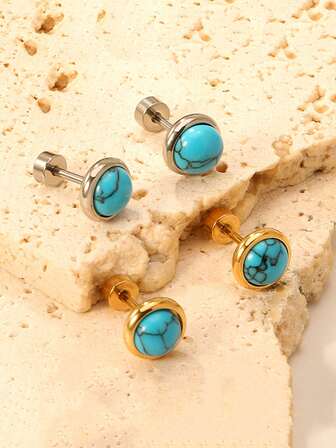 1Pair Stainless Steel Blue Stone Earrings For Women Girl Jewelry No Fade Gold Plated Screw Back Small Earrings Christmas Party Accessories