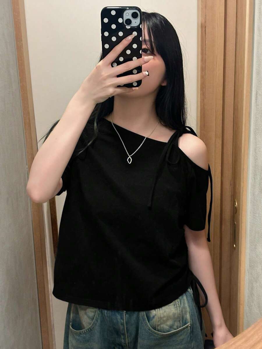 女士纯色斜领春夏短袖抽绳休闲T恤 黑色 - 黑色 - 查看 1