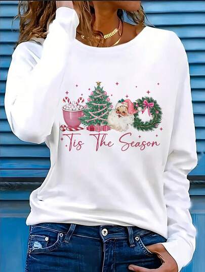 Camiseta de manga larga con cuello redondo informal para mujer de talla grande, camisetas gráficas retro de Navidad para mujer, camisa de lazo de Navidad, otoño e invierno