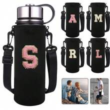 1 件 550-1500 毫升运动水壶套保温袋斜挎杯保护套带肩带可调节杯子托架水瓶架袋绣有字母 A-Z - 黑色 - 查看 1