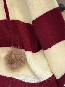 休闲条纹连帽毛绒球套头衫，百搭宽松版型，秋冬 - 酒紅色 - 查看 8