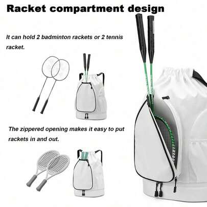 带抽绳的背包，配有羽毛球拍口袋，网球拍口袋；大容量便携式球拍包，适用于匹克球；干湿分离式游泳瑜伽健身包，带鞋仓；耐磨多口袋运动包；防水旅行包；返校多功能手提包；男女通用户外足球篮球旅行徒步骑行健身单肩包；书包