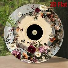 2D Flat - Room Decor Charming Floral Vinyl Record Design Metal Sign, Round Aluminum 2D Printed Decor, Vintage Wall Art, With For Home, Kitchen, Garden, Office - Unique Christmas Gift, Retro Metal - 彩色 - 查看 2