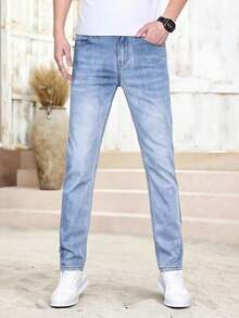 Jeans de Pierna Recta y Ajuste Delgado para Hombre - Pantalones de Mezclilla Casuales y Listos para Negocios,Jeans para Hombre de Casual Cómodos y Transpirables Para Uso Diario - Azul claro - Ver 5