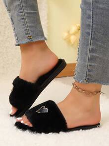 1 Pair Women's New Furry Heart-Shaped Flat Slippers, Women's Casual Home Slippers