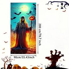 2D Large Reusable Gothic Grim Reaper Door Decor - Scary Halloween Skeleton With Glowing Eyes, Bats And Full Moon Background - Durable Polyester/Nylon Fabric Haunted House Decoration For Porch, Party And Year-Round Use - No Electricity Needed, Easy Installation