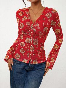 Women Floral Mesh V Neck Long Sleeve Button Down Ruched Shirt Fitted Sexy Boho Blouse Tops Outfits - Red - View 3