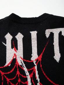 ANDREILEE 男女通用抽象深色十字蜘蛛网图案做旧宽松套头针织衫，休闲通勤百搭，春秋冬季 - 黑色 - 查看 8