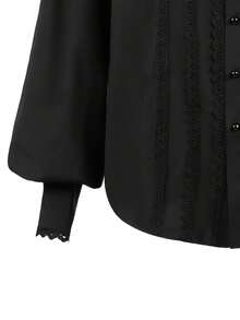 男士优雅蕾丝花边领灯笼袖宽松衬衫，适合工作和通勤，春秋季 - 黑色 - 查看 5