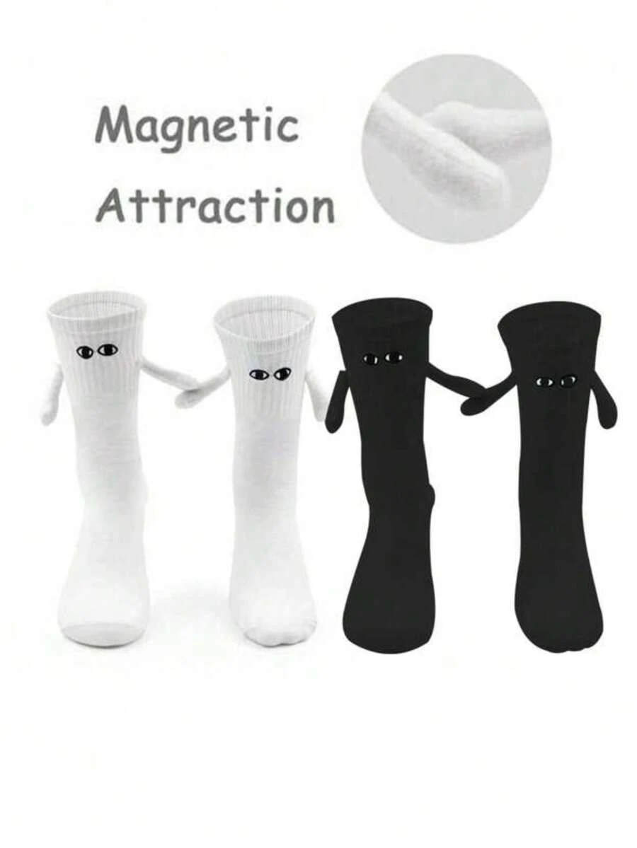 1/2 Pair Magnetic Couple Socks, Cute Stick-Together Automatic Foot Holding Mid-Calf Socks, Spring/Autumn - Black and White - View 1
