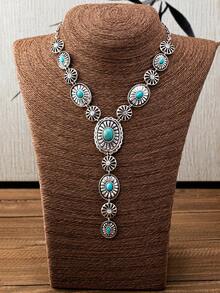 1 pieza Collar en Y de estilo vaquero/vaquera occidental geométrico vintage bohemio con turquesa ovalada, regalo de moda para mujeres - collar - Ver 3