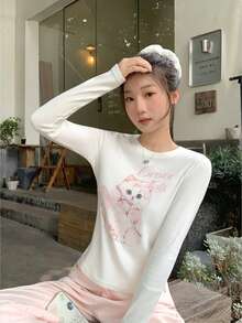 Cute Cat Print Versatile Spring Long Sleeve T-Shirt White - White - View 4