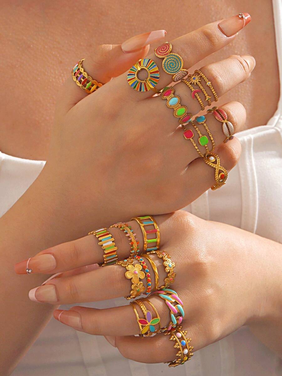 1/3/6/9/12pcs Stainless Steel Minimalist Enamel Geometric Open Ring Set, Suitable For Women's Daily Wear (Random Style Shipped) - Multicolor - View 1