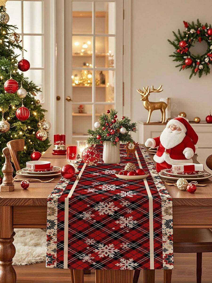 1pc Christmas Decorative Table Runner, Santa Claus, Christmas Tree, Snowflake Print, Digital Printing Technique, Christmas Table Decor, Multiple Size Options, Linen-Like Material, Suitable For Living Room, Dining Room, Gathering, Party