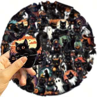 50pcs Halloween Black Cat Waterproof Motorcycle Sticker, Suitable For Cars, Laptops, Phone Cases, Suitcases, Water Bottles, Cups, Skateboards, And Car Parts Stickers