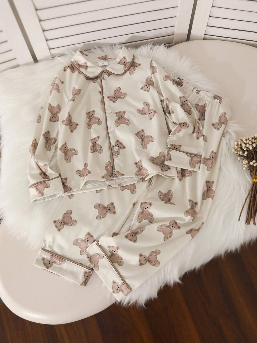 2pcs Girls Bear Print Long Sleeve Pajama Set, Cute Sleepwear Outfit Suitable For 4-7 Years Old Girls Everyday Wear - Beige - View 1