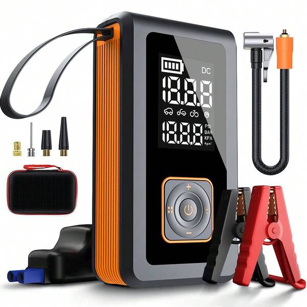 Potente arrancador de coche, compresor de aire, bomba de aire, fuente de alimentación de emergencia multiusos para vehículos, arrancador de enganche de 12 V y bomba de neumáticos, inflador portátil de 150 PSI, manómetro digital inteligente y lámpara LED, modo 4 en 1 para coches, motos y bicicletas.