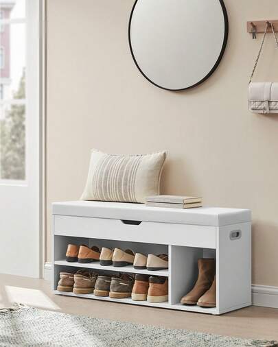 VASAGLE Banc à Chaussures Rembourré, Banc de Rangement, Rangement Caché, Étagères, Meuble d'Entrée, Capacité de Charge 136 kg, 30 x 100 x 44 cm, Marron Rustique et Noir d'Encre,Blanc Nuage