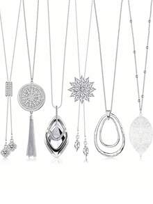 Xiacheng 1/6pcs Women Long Tassel Pendant Necklace, Circular Bar Feather Leaf Sweater Chain, Personalized Necklace - Silver - View 1