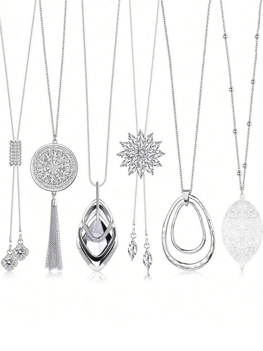 Xiacheng 1/6pcs Women Long Tassel Pendant Necklace, Circular Bar Feather Leaf Sweater Chain, Personalized Necklace - Silver - View 1