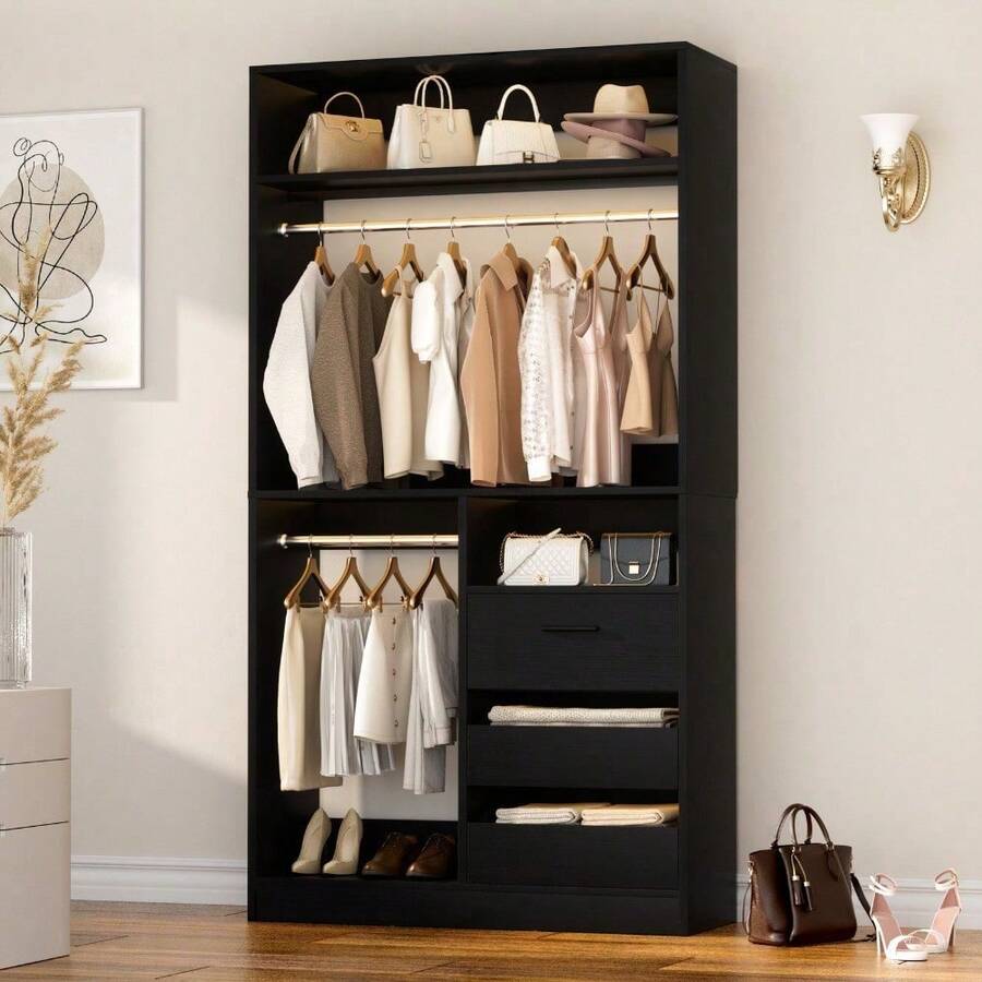 Freestanding Closet System With 2 Hanging Rods & 3 Open Drawers & 3 Shelves - 黑色 - 查看 1