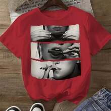 Camiseta Feminina Fotografia Mulher Cigarro Blusa 100 % Algodão Malha Premium Manga Curta Camisa Gola Redonda - Vermelho - Visão 2