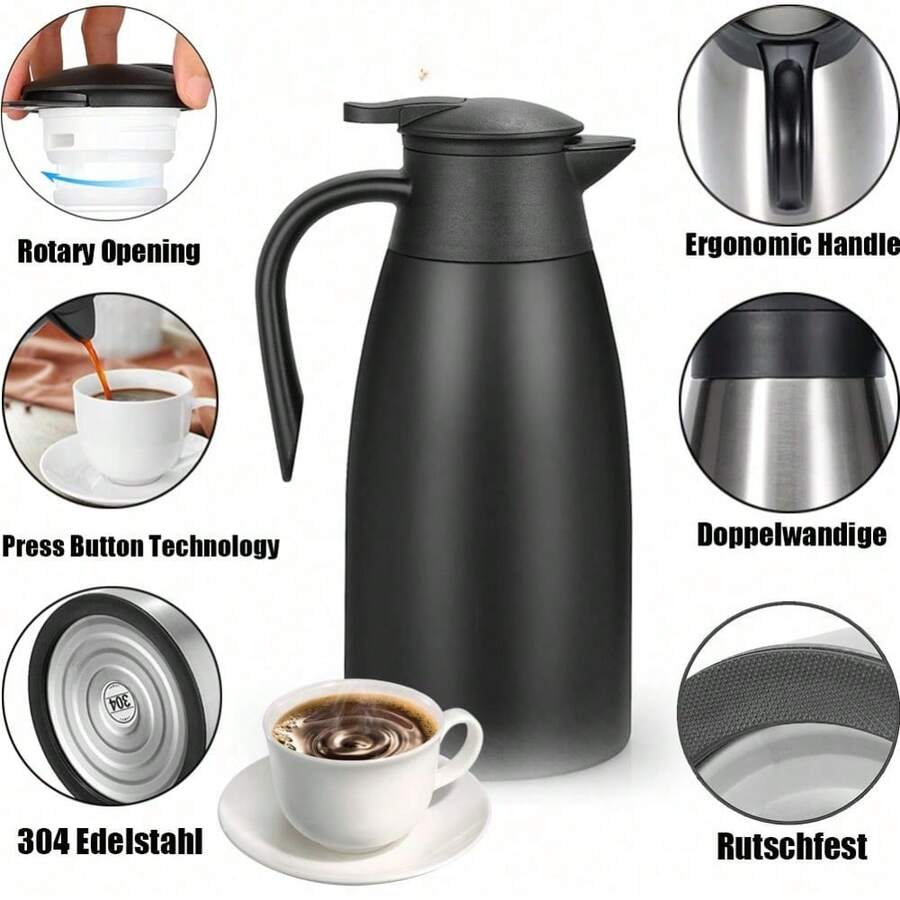 1,8 l Edelstahl-Thermoskanne, doppellagige Vakuum-Kaffeekanne, großes Öffnungsdesign, auslaufsicher und rutschfest, Ausgießen mit einer Taste/einfache Bedienung/großes Fassungsvermögen - Schwarz - Übersicht 1