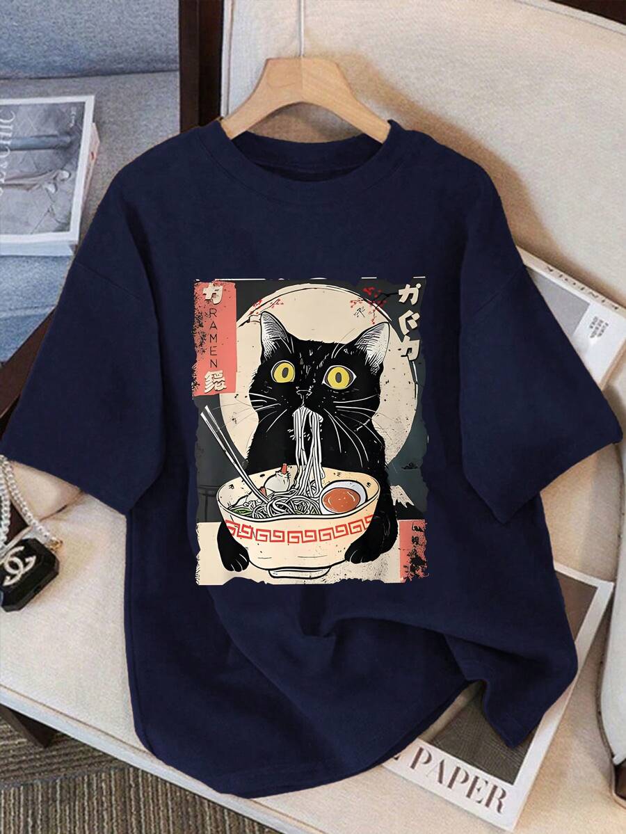 Teen Girl Cartoon Cat & Ramen Print T-Shirt - Navy Blue - View 1