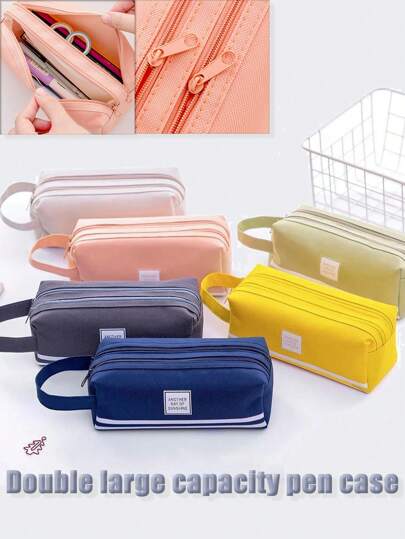 1/4pcs Creative Double-Layer Large Capacity Handheld Pencil Case, Student Simple Oxford Cloth Double Zipper Stationery Bag, Korean Style Stationery Box For High School & Middle School Students, Multifunctional Stationery Bag, School Supplies, Back To School Essential