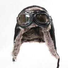 1pc Unisex New Leather Goggles Ushanka Hat, Windproof Ear Warmer Cap, Thick Warm Hat For Outdoor, Suitable For Men And Women