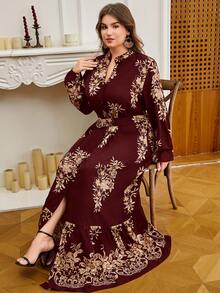 DEARCASE Plus Size Floral Print Lantern Sleeve Dress - Burgundy - View 6