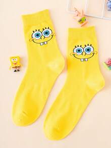 SpongeBob SquarePants 1 Pair Funny Personalized Cartoon SpongeBob Eye Expression Two-Tone Jacquard Mid-Calf Socks, Sports Style, All Season, EU Sizing, Comfortable Breathable , Colorful, Suitable For Daily Wear, Premium Fabric, Non-Stuffy - Multicolor - View 4