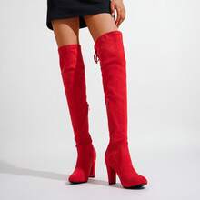 Women's Fashion Suede High Chunky Heel, Over The Knee High Boots With Zipper - Đỏ - Xem 5
