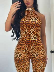 夏季豹纹露背吊带连体裤，颈部系带，修身