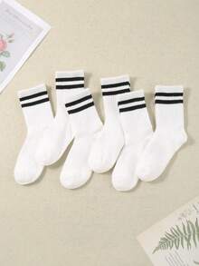 12 Pairs Kids' Striped High Ankle Sports Socks, Black & White, Autumn/Winter Style - Multicolor - View 7