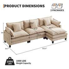 112" Modular Sectional Sofa, L-Shape Cloud Couch/Deep Seat/Armrest/Plush Corduroy Fabric, No Assembly Required, Space-Saving, 170 Pounds Boneless Compression Sleeper Sofa For Living Room - Màu Tím - Xem 2