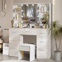 Tocador con espejo y taburete, 10 luces LED y apertura automática - Perfect For Organizing Makeup, Skincare, Elegant Vanity|Decorative Vanity, Vanity Furniture, Compact For Small Space, Bedroom Decor Gift, Perfect Gift For Women Girls , Ideal para regalos de Navidad y Halloween. - Blanco - Ver 2