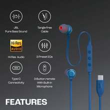 JBL Tune 310C 有线入耳式 C 型耳机，带数模转换器的高分辨率音频，带麦克风的 3 键 EQ 预设遥控器，防缠绕扁平电缆，兼容 USB-C 设备 - 藍色 - 查看 6
