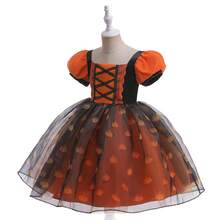 Vestito da strega per bambine con maniche a sbuffo, gonna a palloncino con zucca e tulle, outfit per feste e performance dei bambini per Ognissanti
