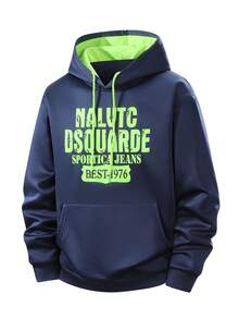 1pc Men Plus Size Hooded Solid Color Thermal Lined Sweatshirt, Casual Everyday Wear, Outdoor, Hiking, Student, Sports Jacket - Blue - View 3
