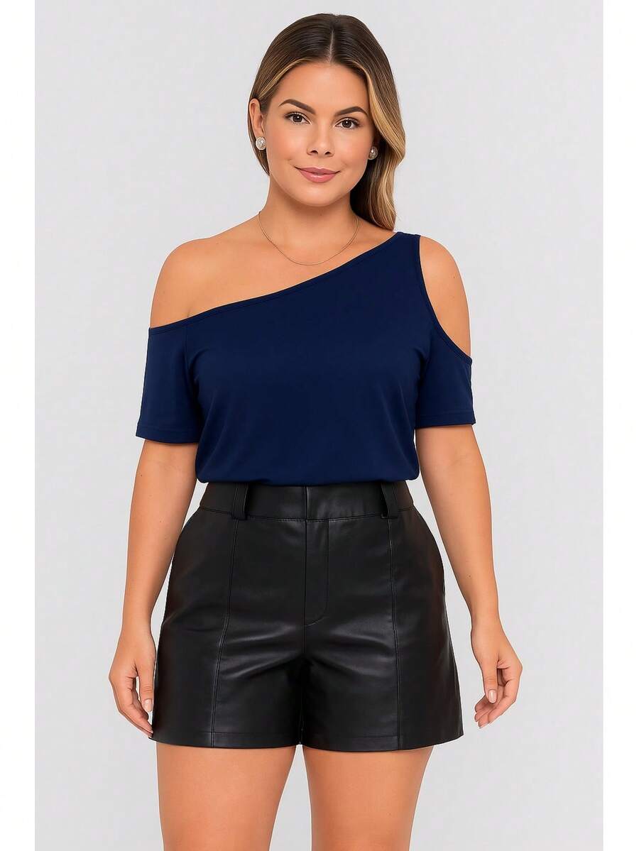 Women's Basic Viscolycra Blouse Round Neck Baby Look Short Sleeve - Navy Blue - View 1