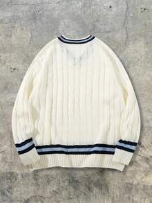 ANDREILEE 复古宽松休闲街头风男女通用毛衣，纹理条纹撞色V领插肩长袖针织套头衫，适合春、秋、冬三季穿着。 - 白色 - 查看 5