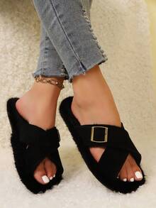 1 Pair 2025 Autumn/Winter New Faux Suede Criss-Cross Open Toe Women's House Slippers, Flat Comfortable Non-Slip, Warm Fluffy Slippers Suitable For Autumn/Winter Indoor Casual Wear