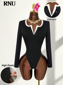 RNU 对比黑白半扣女式简约 V 领不对称领口弹力打底修身上衣女式休闲俱乐部商务休闲演唱会服装办公室服装老钱风格热纯色罗纹针织面料高弹力超柔软舒适婴儿亲肤修身休闲日常性感派对街头度假旅行约会春夏秋冬两件套新款长袖紧身衣 - 黑與白 - 查看 5