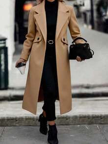 Abrigo largo de talla grande de unicolor y elegante con diseño cruzado doble, cuello con muesca, manga larga, ajuste regular, para mujer, de moda para el uso diario en otoño/invierno