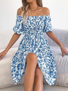 Summer Blue Floral Off Shoulder Midi Dress For Women, Smocked Puff Sleeve A Line Casual Vacation Dress - 藍色 - 查看 6