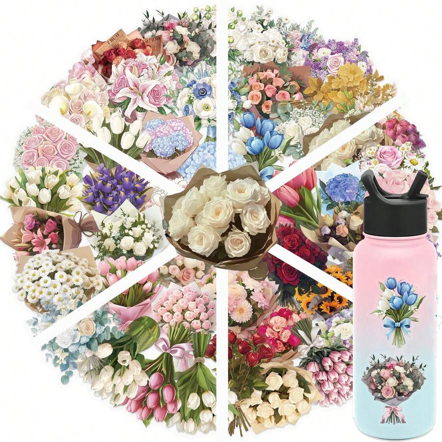 50 件缎面梦幻花朵礼品贴纸 剪贴簿、日记本、笔记本电脑、保险杠、滑板、水瓶、电脑、手机、卡通、安全帽、汽车贴纸和贴花 - 彩色 - 查看 1